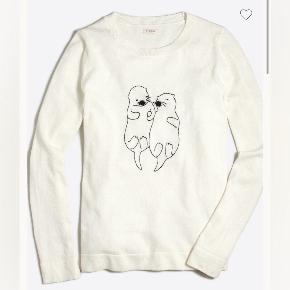 J Crew Embroidered Otter Teddie Sweater Cotton Merino Woo Small